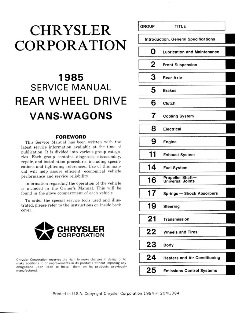 1985 Dodge Ram Full-Size RWD  B150 B250 B350 Van/Wagon Shop Maintenance Repair Service Manual
