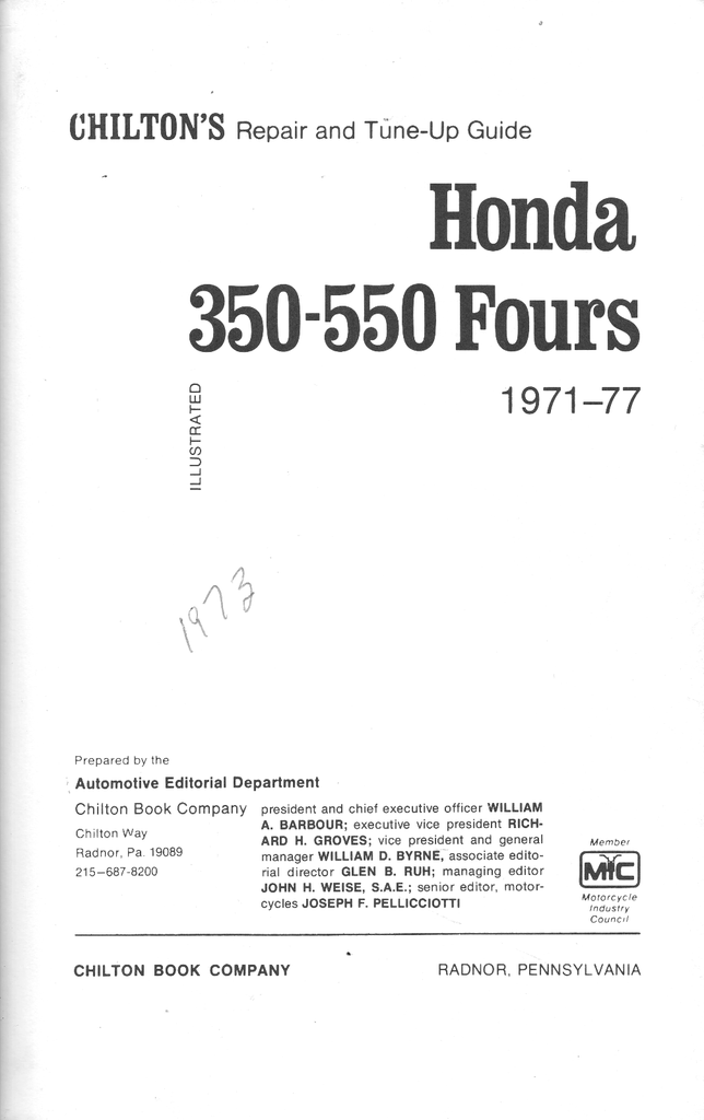 Chilton's Repair and Tune-up Guide, Honda 350-550 Fours, 1971-77