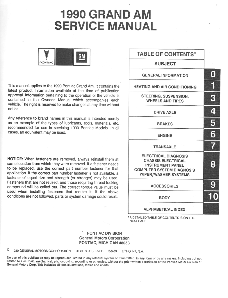 1990 Pontiac Grand Am Factory Shop Repair Service Manual