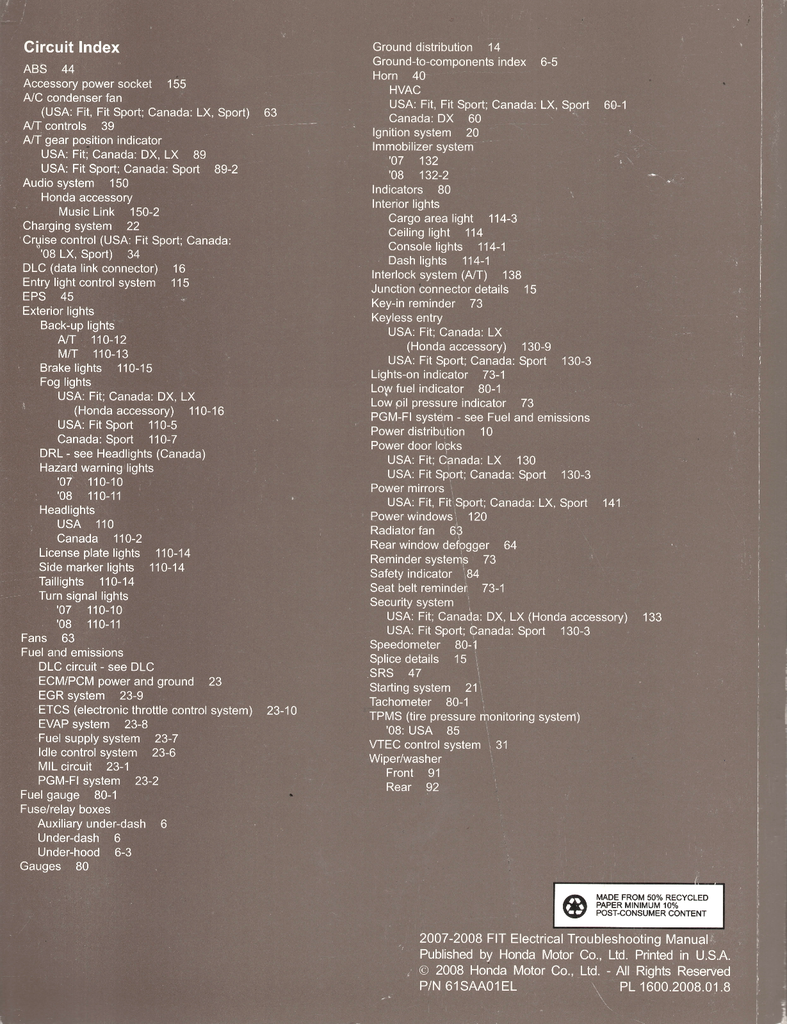 2007-2008 Honda Fit Factory Electrical Troubleshooting Wiring Diagrams Manual