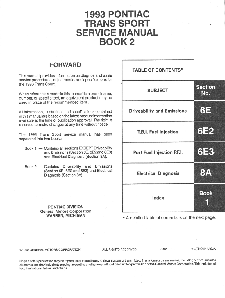 1993 Pontiac Trans Sport Factory Shop Repair Service Manual Set
