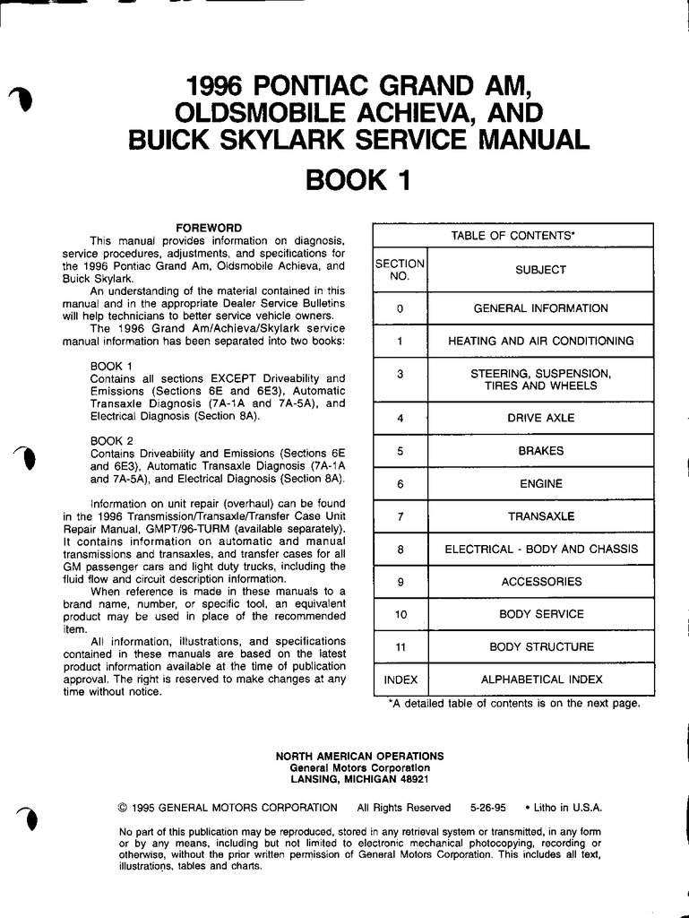1996 Pontiac Grand Am, Oldsmobile Achieva, Buick Skylark Factory Shop Repair Service Manual Set 