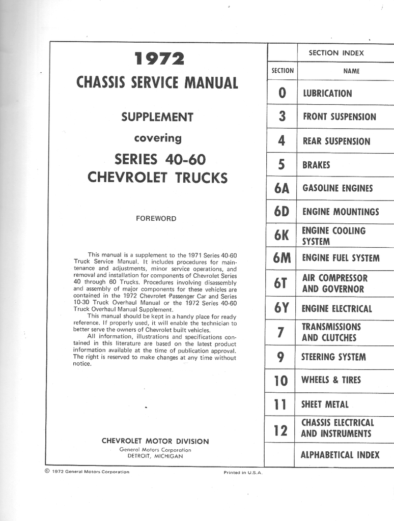 1972 Chevrolet Medium Truck 40-60 Series Factory Service Manual Supplement