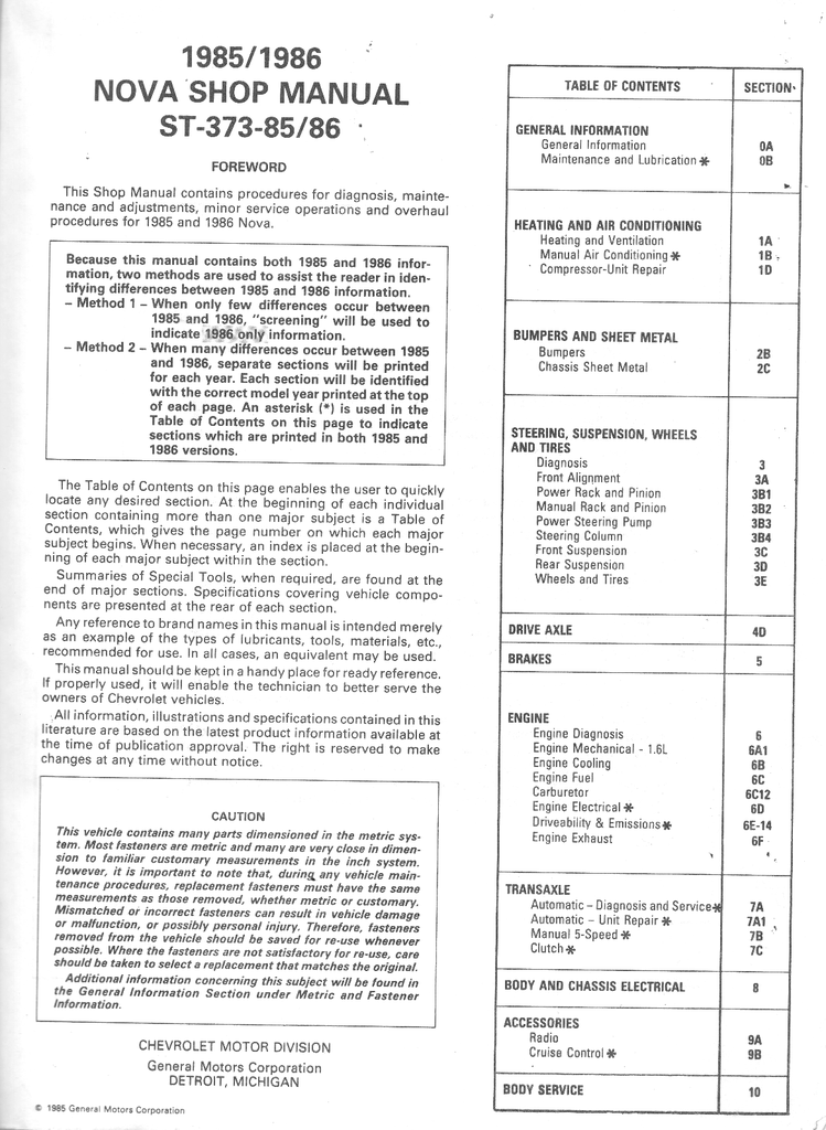 1985 1986 Chevrolet Nova Factory OEM Shop Service Repair Manual