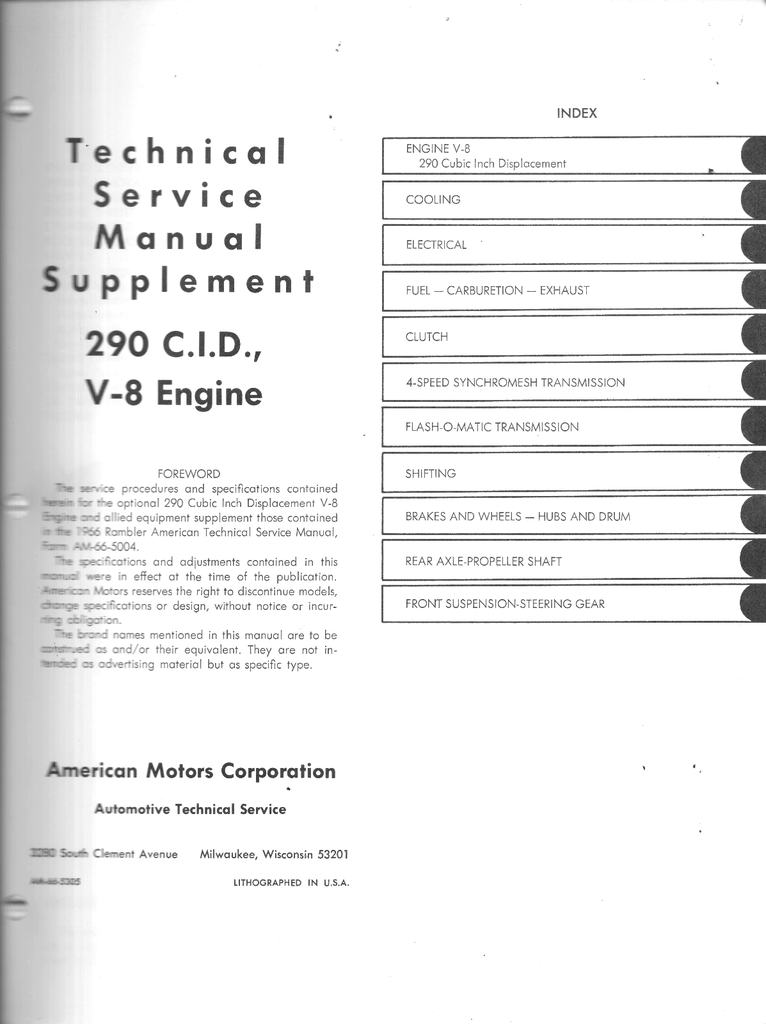 1966 AMC Rambler American Factory Shop Technical Service Manual Supplement 290 CID V-8