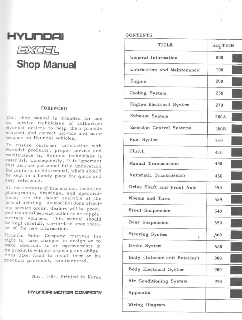 1986 Hyundai Excel Factory Shop Repair Service Manual