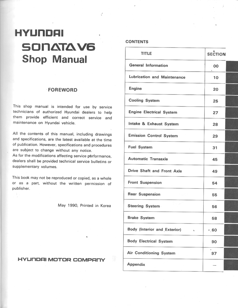 1991 Hyundai Sonata V6 Factory Shop Repair Service Manual
