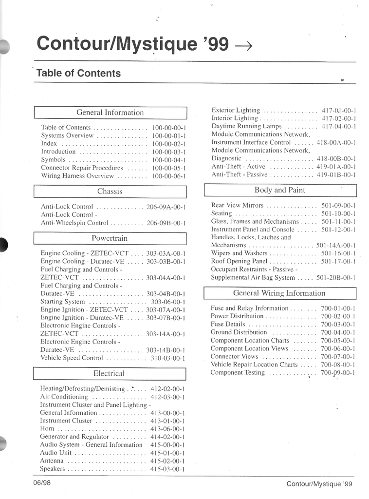 1999 Ford Contour, Mercury Mystique Factory Electrical Wiring Diagrams Manual