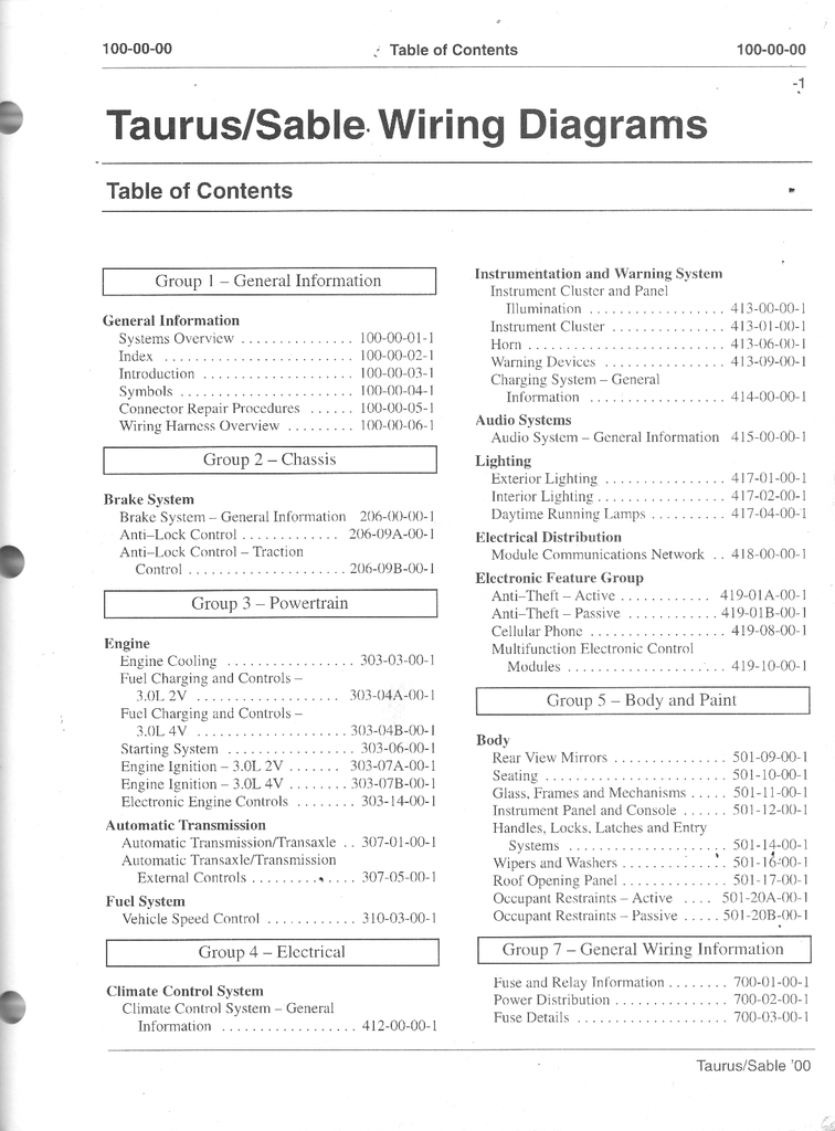 2000 Ford Taurus, Mercury Sable Factory Electrical Wiring Diagrams Manual