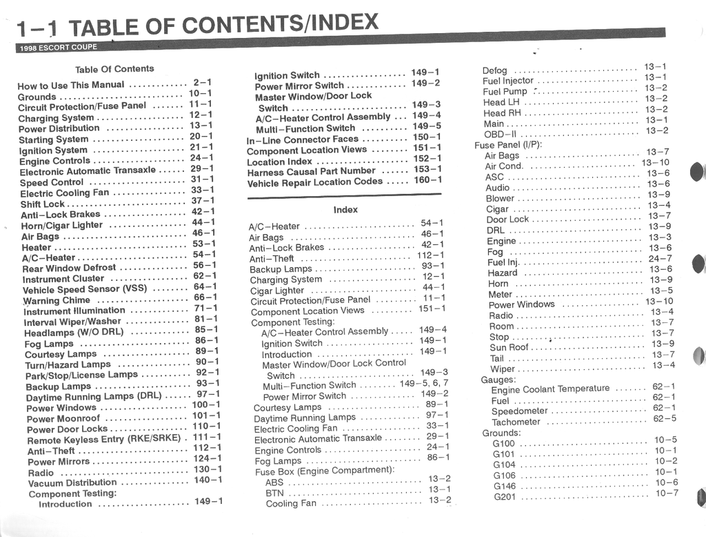 1998 Ford Escort Coupe Factory Electrical Vacuum & Troubleshooting Wiring Diagrams Manual