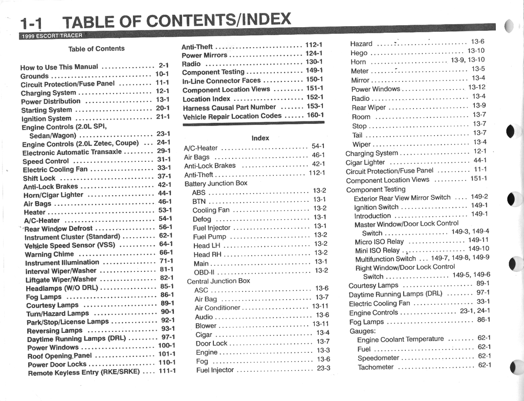 1999 Ford Escort, Mercury Tracer Factory Electrical Wiring Diagrams Manual