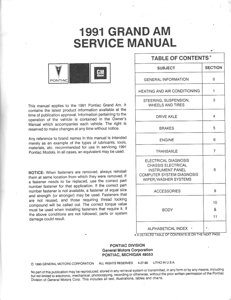 1991 Pontiac Grand Am Factory Shop Repair Service Manual