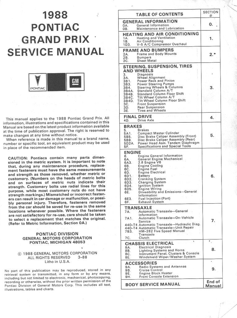 1988 Pontiac Grand Prix Factory Shop Repair Service Manual