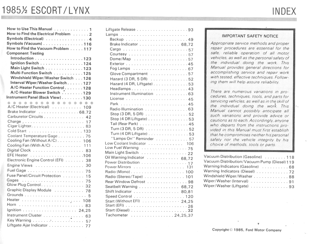 1985.5 Ford Escort, Mercury Lynx Factory Electrical & Vacuum Troubleshooting Wiring Diagrams Manual EVTM