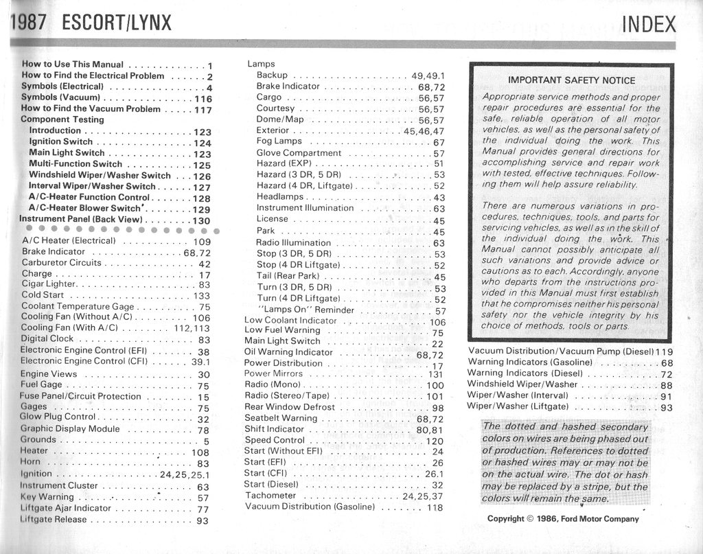 1987 Ford Escort & EXP, Mercury Lynx Factory Electrical & Vacuum Troubleshooting Wiring Diagrams Manual EVTM