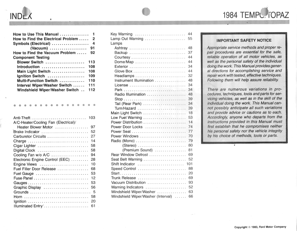 1984 Ford Tempo, Mercury Topaz Factory Electrical & Vacuum Troubleshooting Wiring Diagrams Manual EVTM