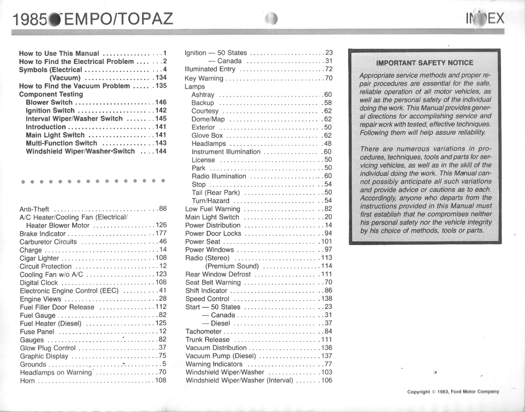 1985 Ford Tempo, Mercury Topaz Factory Electrical & Vacuum Troubleshooting Wiring Diagrams Manual EVTM