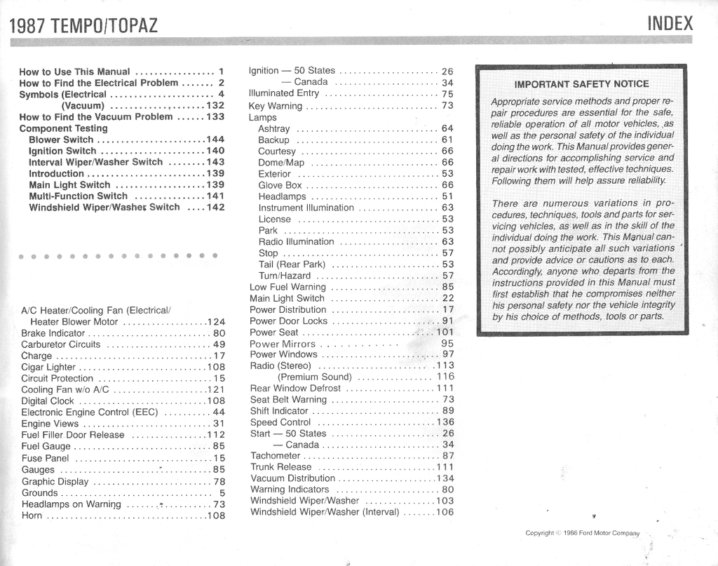 1987 Ford Tempo, Mercury Topaz Factory Electrical & Vacuum Troubleshooting Wiring Diagrams Manual EVTM