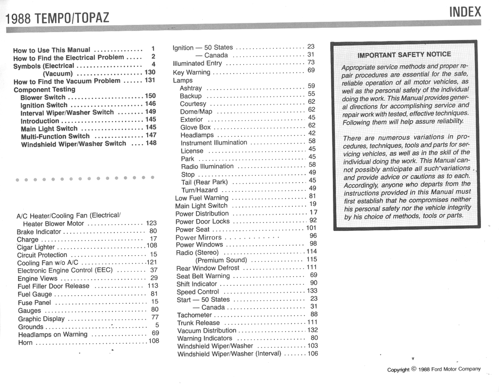 1988 Ford Tempo, Mercury Topaz Factory Electrical & Vacuum Troubleshooting Wiring Diagrams Manual EVTM