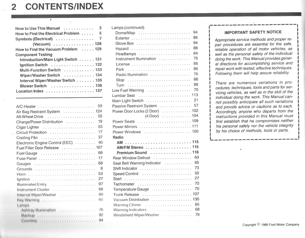 1989 Ford Tempo, Mercury Topaz Factory Electrical & Vacuum Troubleshooting Wiring Diagrams Manual EVTM
