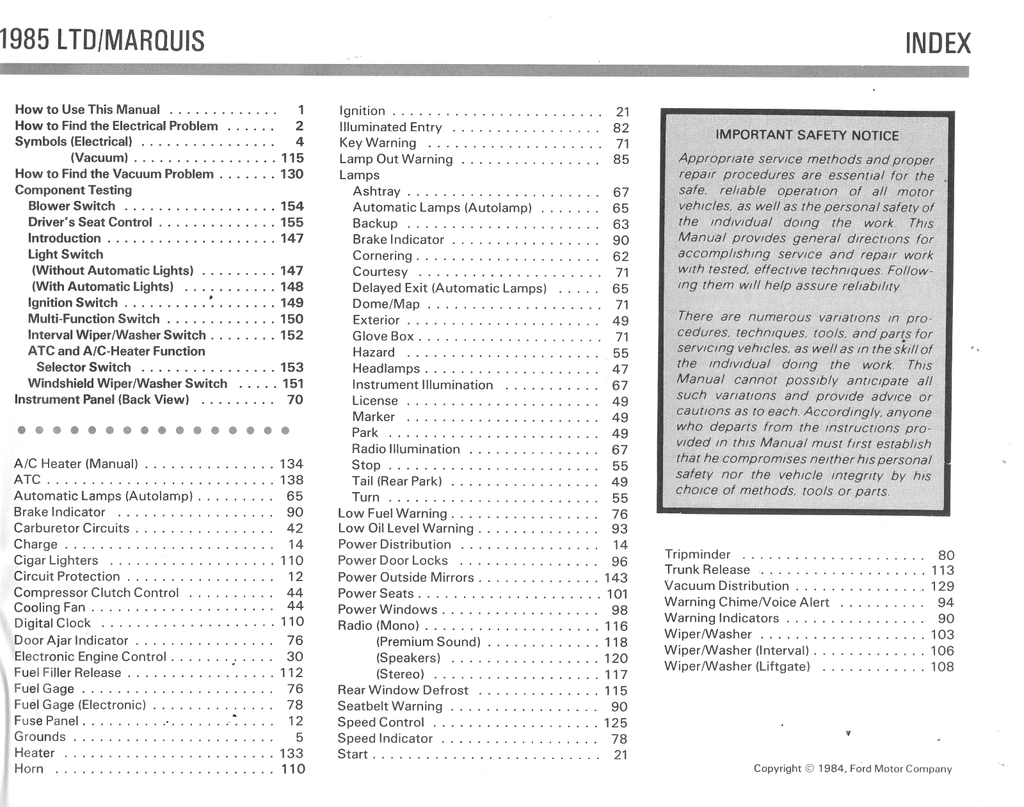 1985 Ford LTD, Mercury Marquis Factory Electrical & Vacuum Troubleshooting Wiring Diagrams Manual EVTM