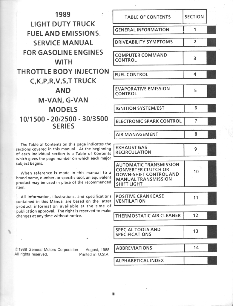 1989 GMC Light Duty Factory Fuel, Driveability & Emissions Tune-up Manual C/K Pickup Suburban Jimmy G-Van P-Van M-Van S/T Truck