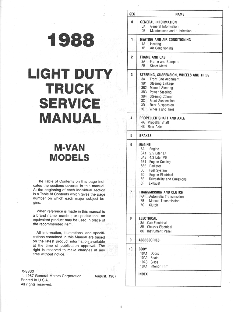 1988 GMC Safari M-Van Factory Service Shop Manual