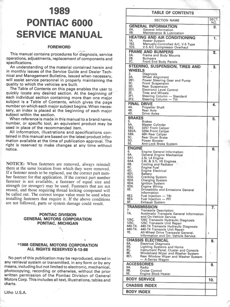 1989 Pontiac 6000 Factory Shop Repair Service Manual