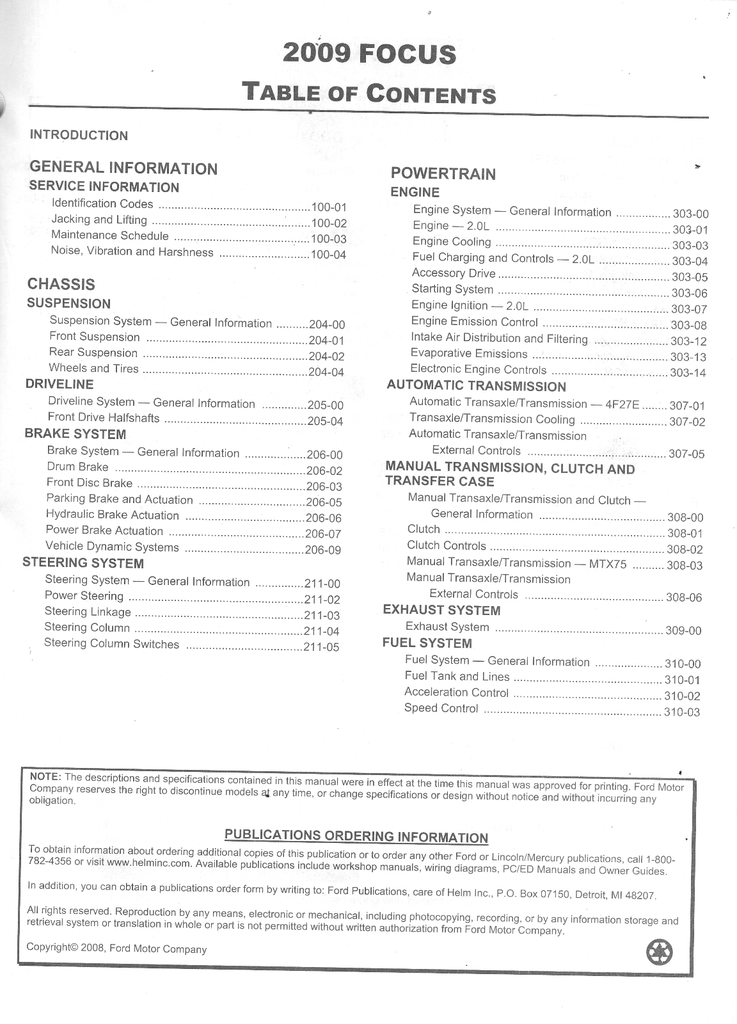 2009 Ford Focus Factory Workshop Service Manual