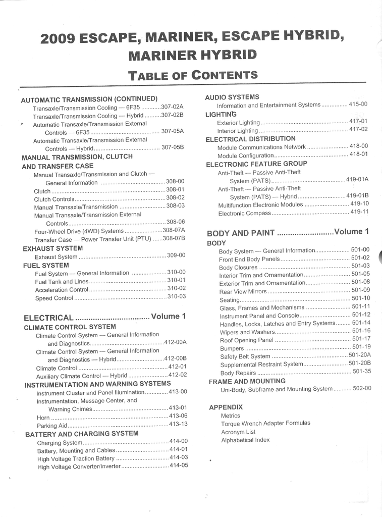 2009 Ford Escape, Escape Hybrid, Mercury Mariner, Mariner Hybrid Factory Workshop Service Manual Set