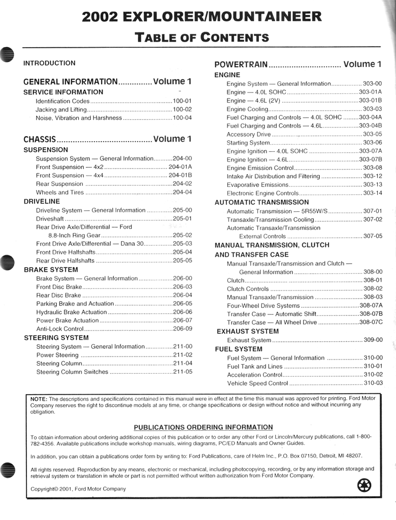 2002 Ford Explorer, Mercury Mountaineer Factory Workshop Service Manual Set