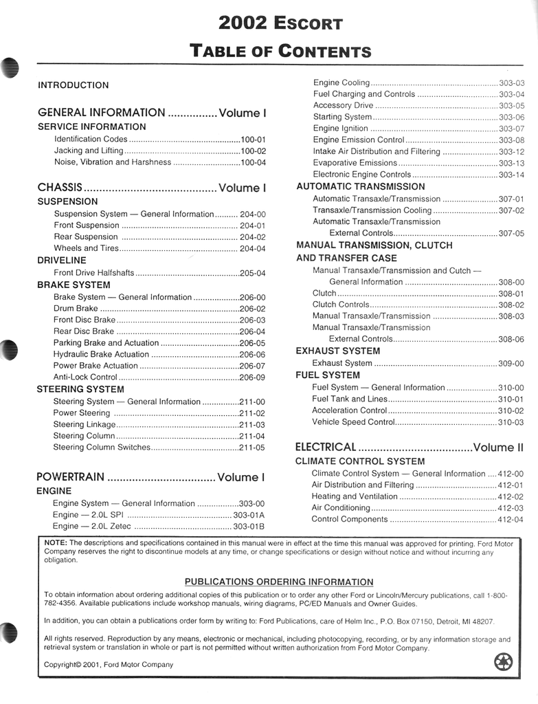 2002 Ford Escort Factory Workshop Service Manual Set