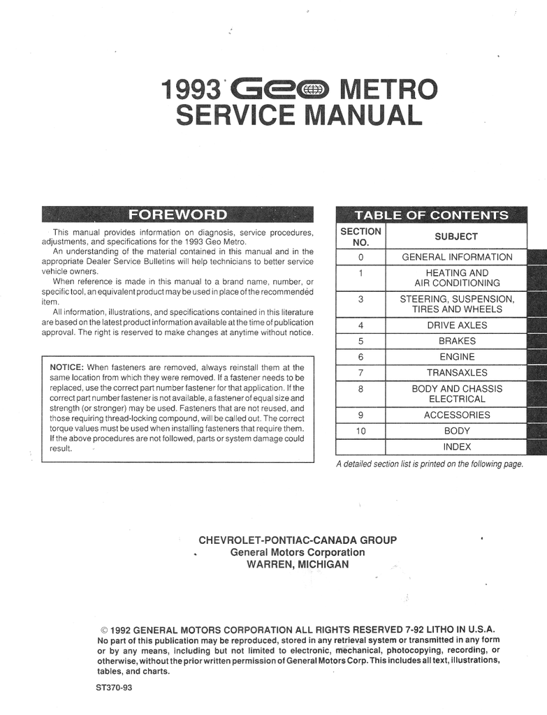 1993 Geo Metro Factory Shop Repair Service Manual