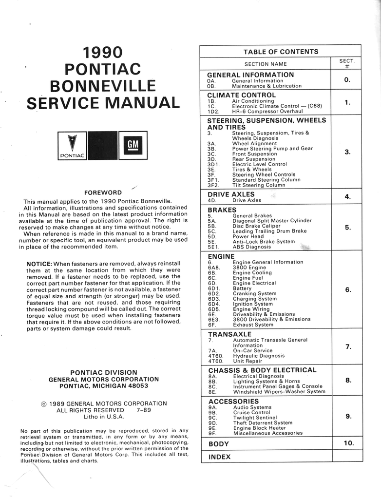 1990 Pontiac Bonneville Factory Shop Repair Service Manual