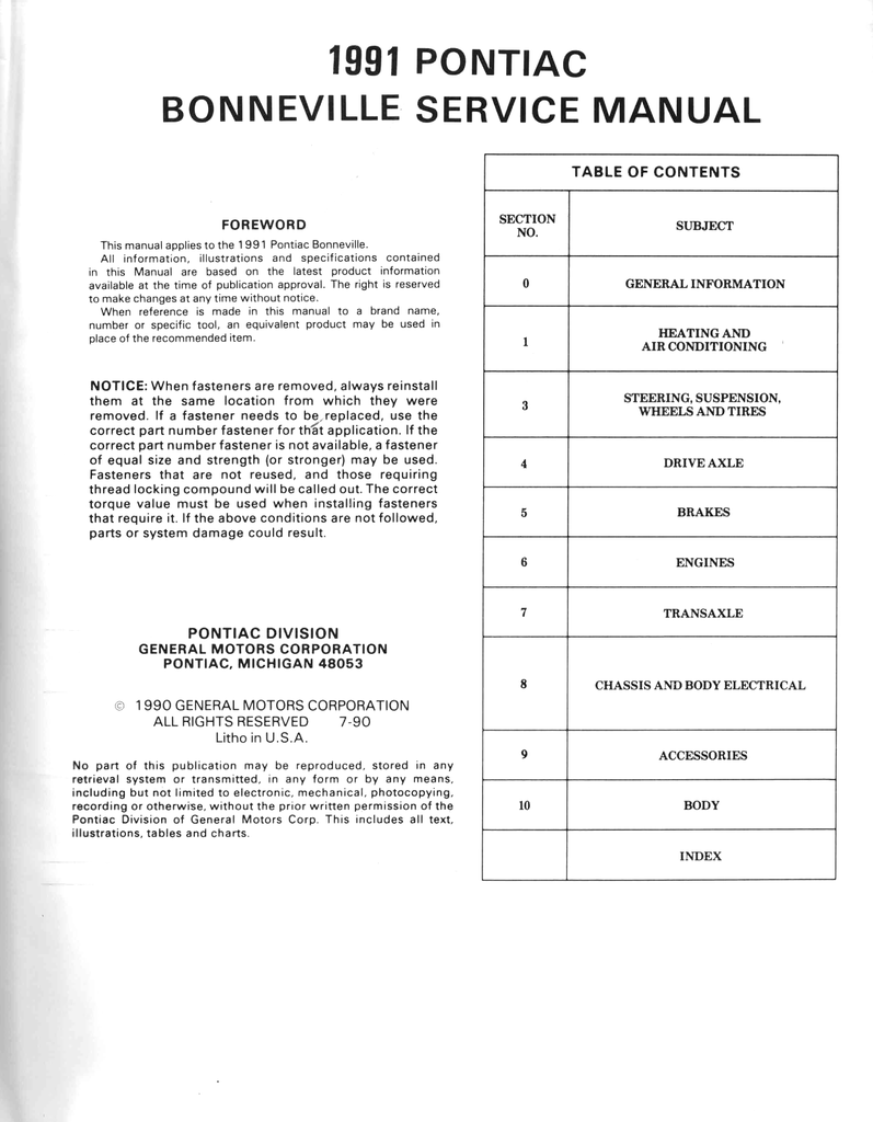 1991 Pontiac Bonneville Factory Shop Repair Service Manual