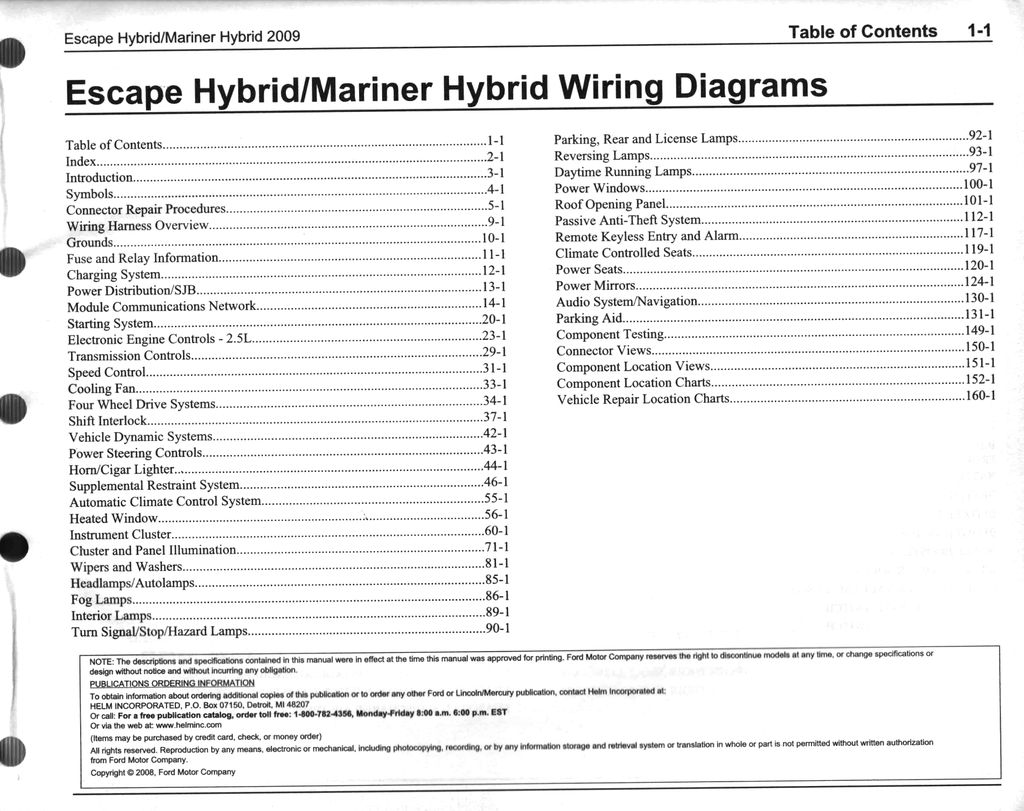 2009 Ford Escape Hybrid, Mercury Mariner Hybrid Factory Electrical Wiring Diagrams Manual