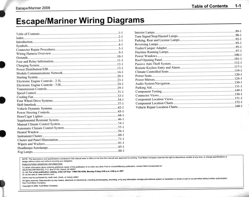 2009 Ford Escape, Mercury Mariner Factory Electrical Wiring Diagrams Manual