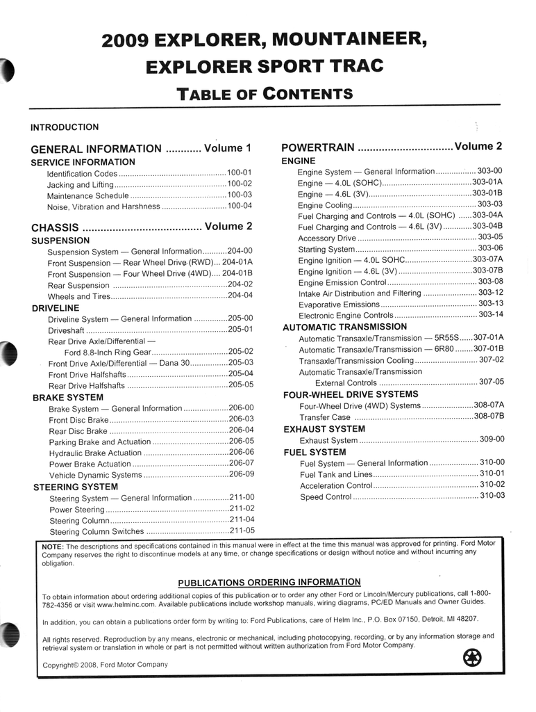 2009 Ford EXplorer & Sport Trac, Mercury Mountaineer Factory Workshop Service Manual Set