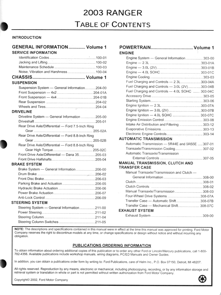 2003 Ford Ranger Factory Workshop Service Manual