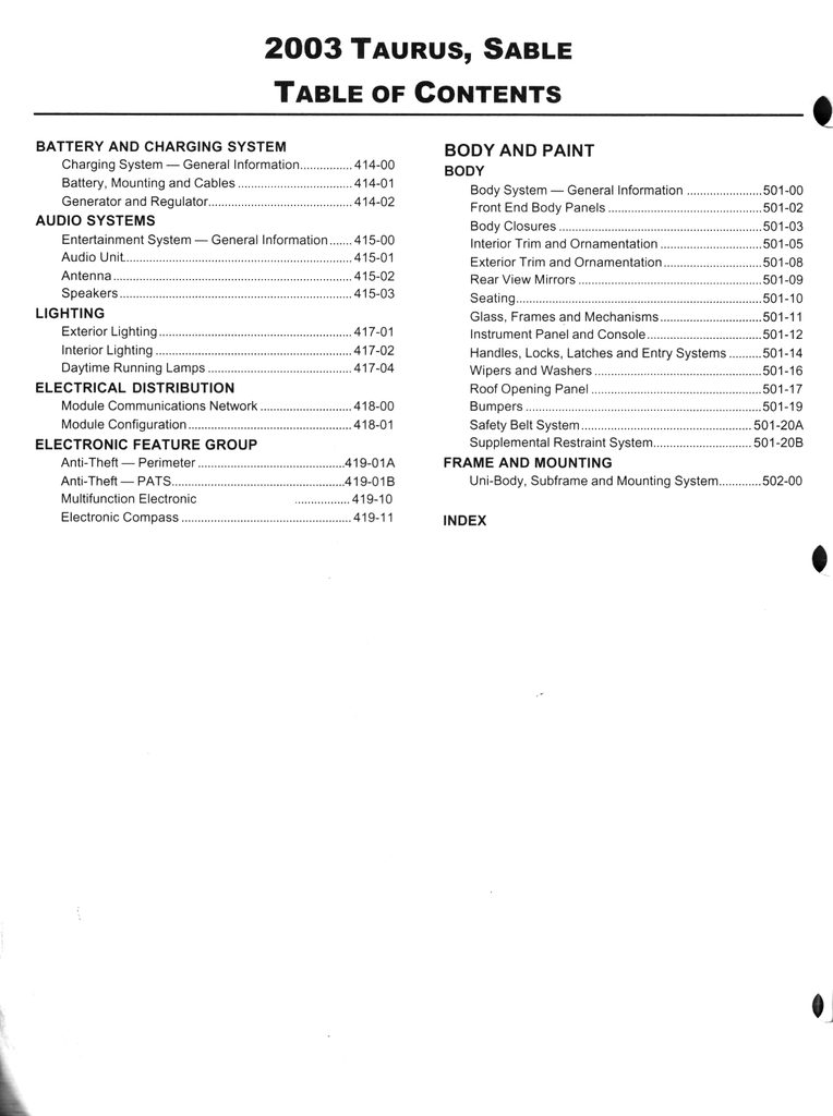 2003 Ford Taurus, Mercury Sable Factory Workshop Service Manual