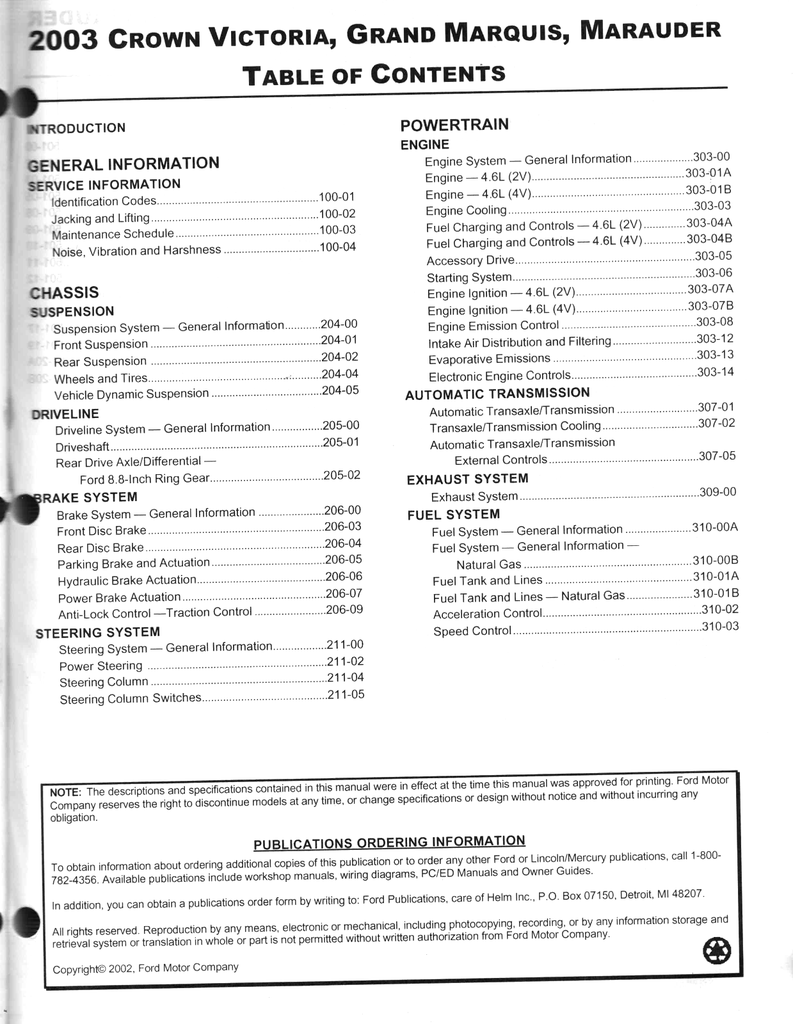2003 Ford Crown Victoria, Mercury Grand Marquis & Marauder Factory Workshop Service Manual