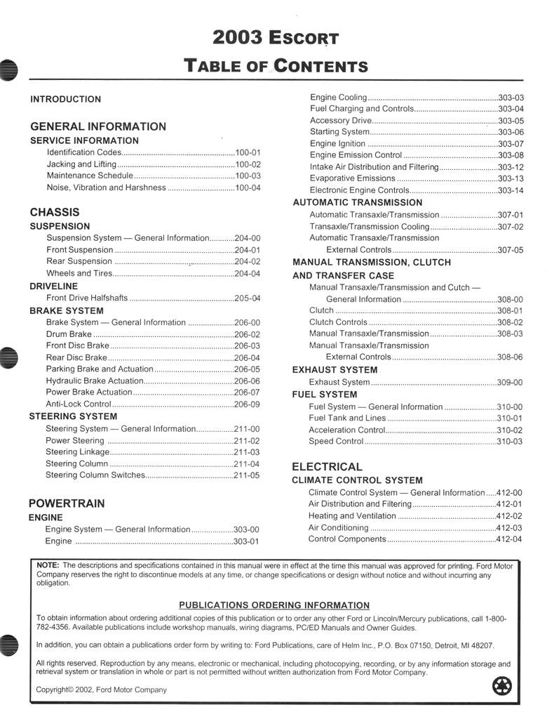 2003 Ford Escort Factory Workshop Service Manual