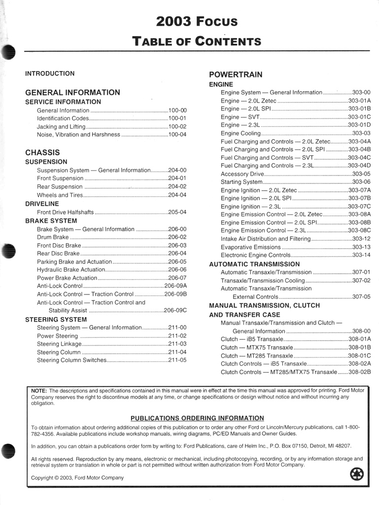 2003 Ford Focus Factory Workshop Service Manual