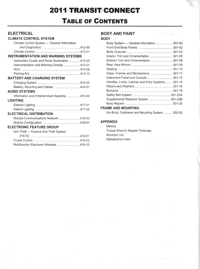 2011 Ford Transit Connect Factory Workshop Service Manual