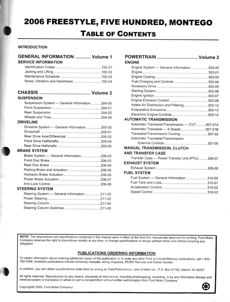 2006 Ford Freestyle, Five Hundred & Mercury Montego Factory Workshop Service Manual Set