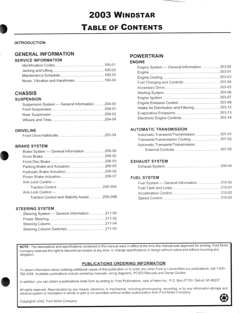 2003 Ford Windstar Factory Workshop Service Manual