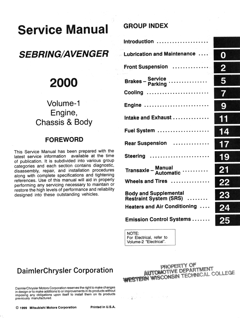 2000 Chrysler Sebring, Dodge Avenger Shop Repair Service & Electrical Manual Set