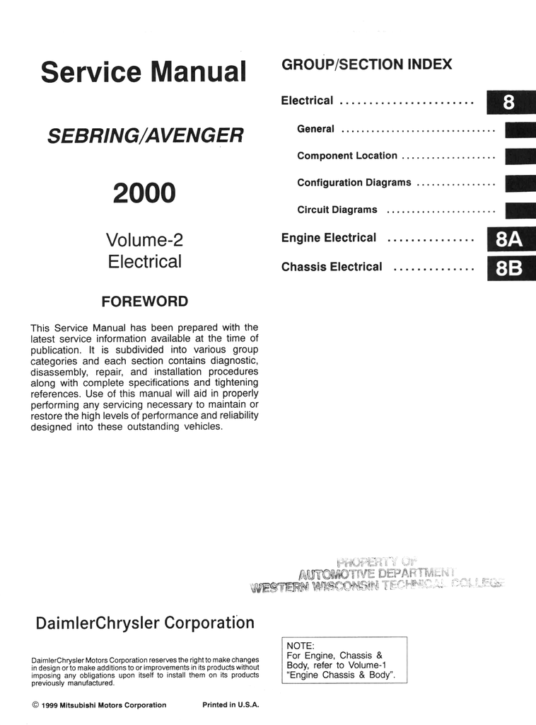 2000 Chrysler Sebring, Dodge Avenger Shop Repair Service & Electrical Manual Set