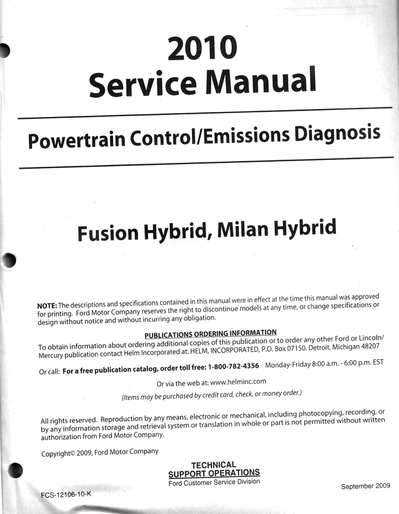 2010 Ford Fusion Hybrid, Mercury Milan Hybrid Factory Powertrain Control/Emissions Diagnosis Service Manual