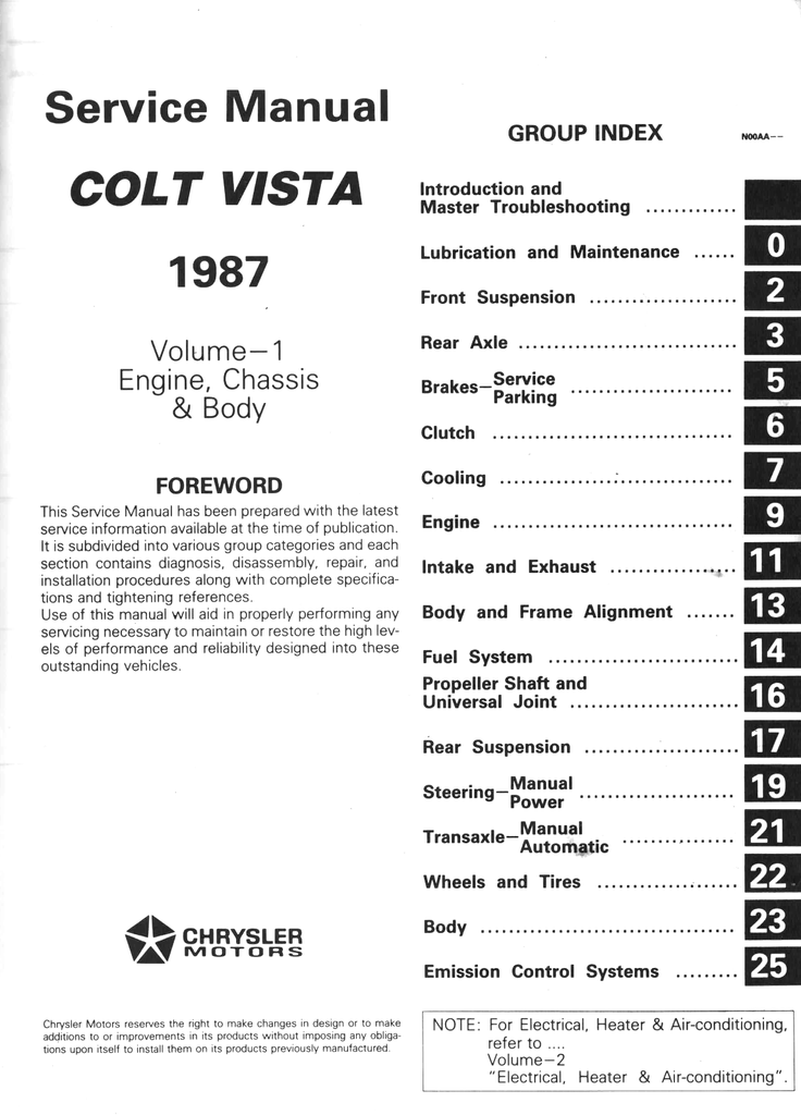 1987 Dodge/Plymouth Colt Vista Factory Shop Repair Service & Electrical Manuals Set